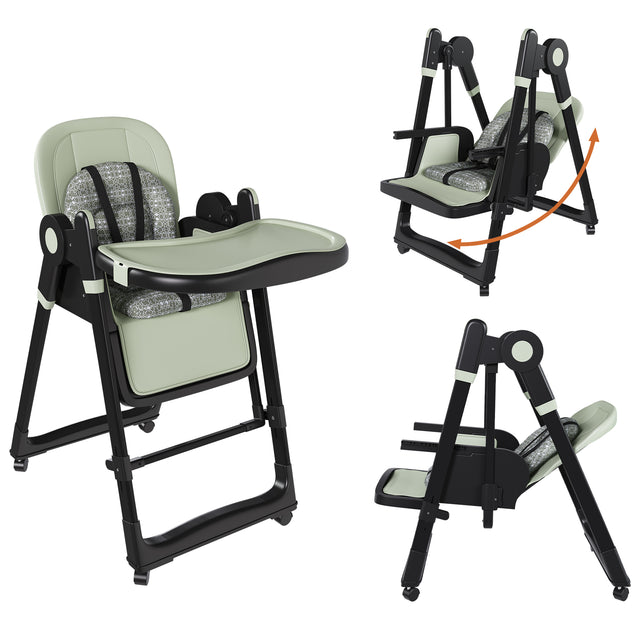 Convertible Baby High Chair to Rocker with 5-Point Harness, Foldable Infant Feeding Chair with Silent Locking Wheels & Removable 2-Tier Easy-Clean Tray for 6M-3Yrs (Dark Green)