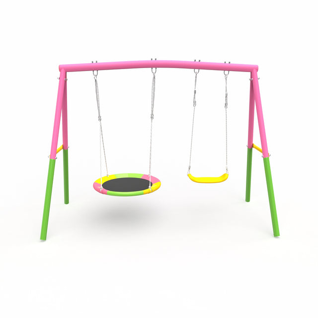Swing Set for Backyard, 330lbs Swing Set with Heavy-Duty A-Frame Metal Outdoor Swing Stand, 1 Saucer Swing Seat & 1 Belt Swings Seat