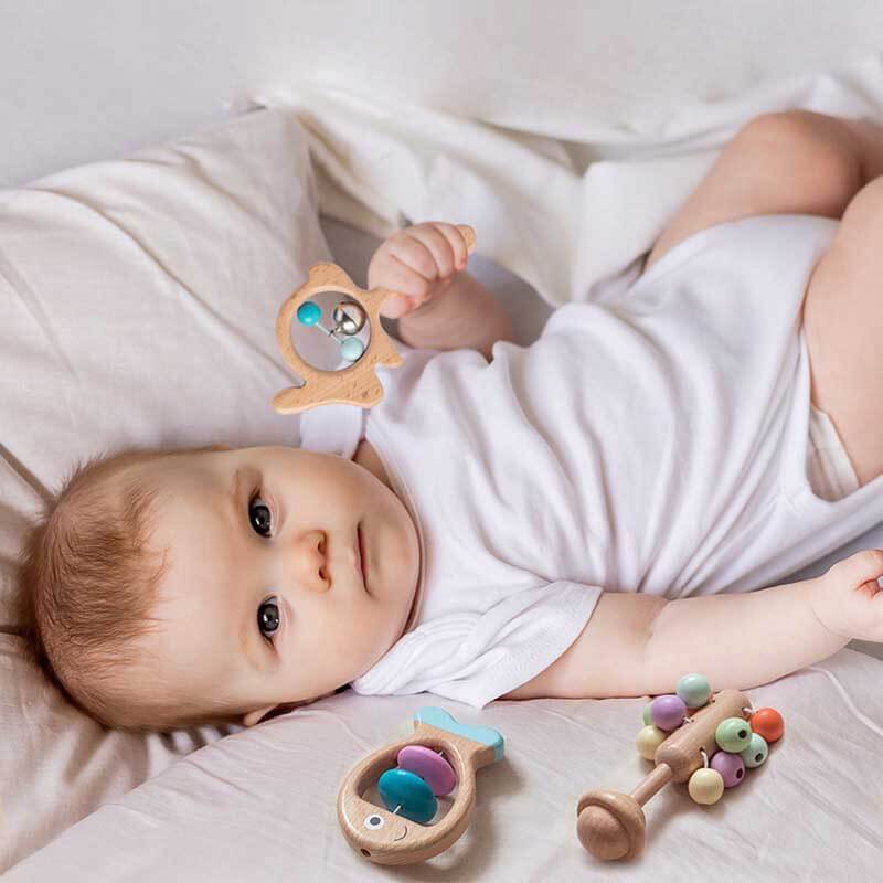 Long Handed Rattle Wooden Colorful Hand Rattles Set for Newborns, Crawling Babies and ...