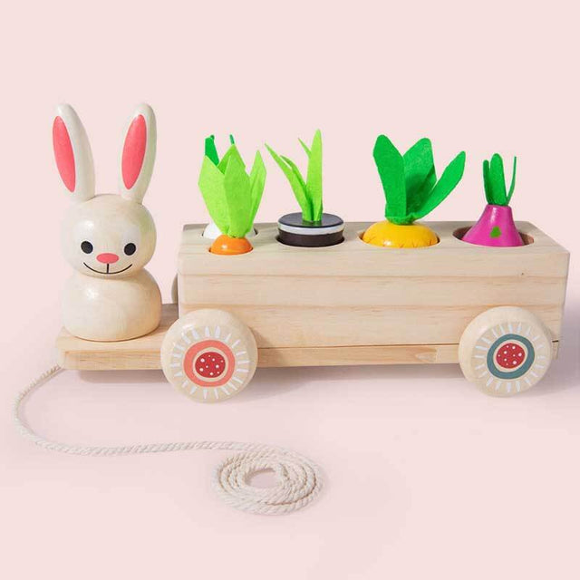 Multiple Function Vegetables and Fruits Harvest Wooden Montessori Toys, Carrot Pulling Rabbit Trailer | Shinymarch