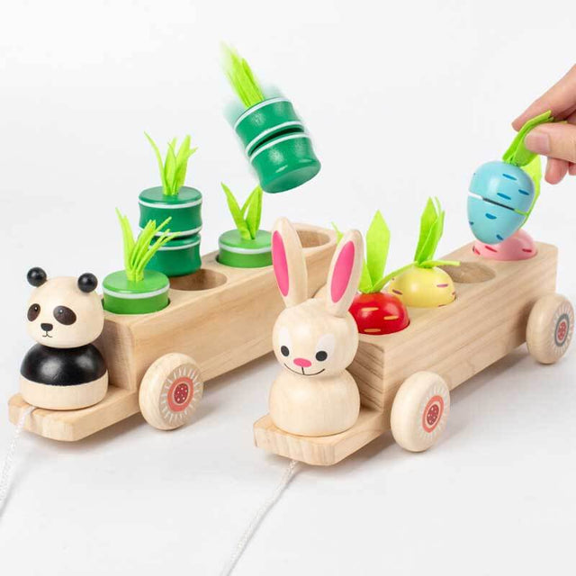 Multiple Function Vegetables and Fruits Harvest Wooden Montessori Toys, Carrot Pulling Rabbit Trailer | Shinymarch