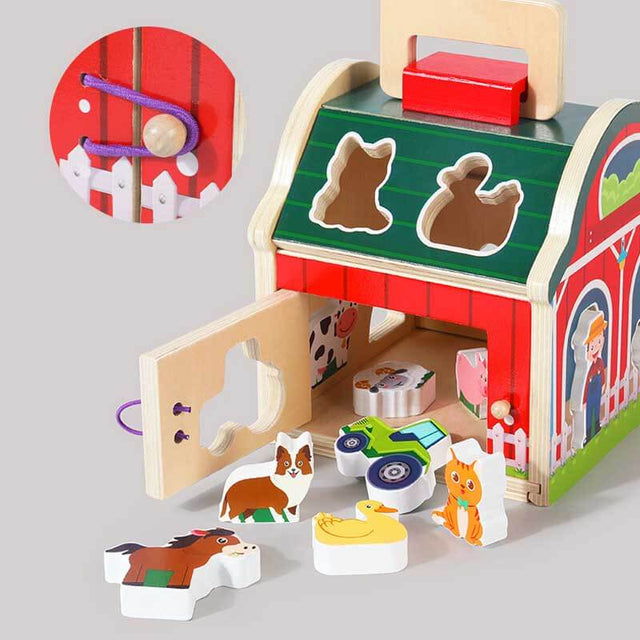 Wooden Take-Along Sorting Barn Toy with Flip-Up Roof and Handle, 10 Wooden Farm Play Pieces - Farm Toys, Shape Sorting And Stacking Learning Toys For Toddlers And Kids Ages 2+ | Shinymarch