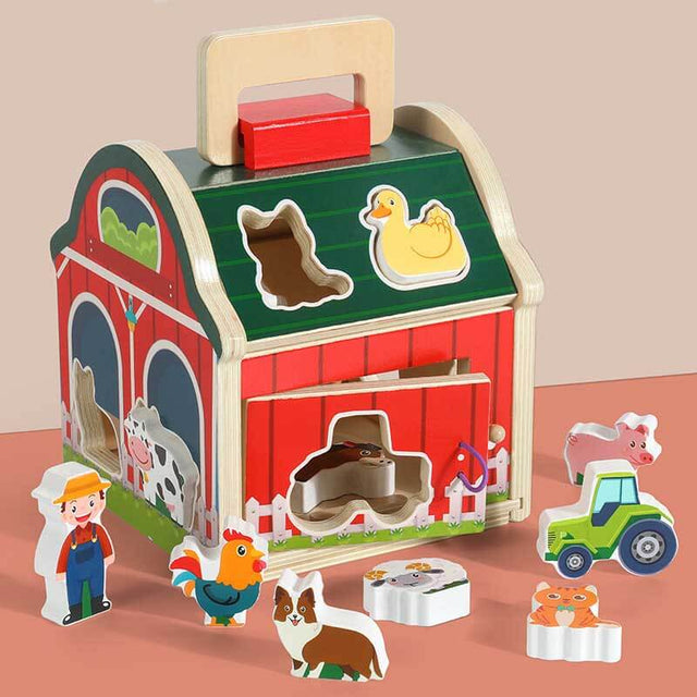 Wooden Take-Along Sorting Barn Toy with Flip-Up Roof and Handle, 10 Wooden Farm Play Pieces - Farm Toys, Shape Sorting And Stacking Learning Toys For Toddlers And Kids Ages 2+ | Shinymarch