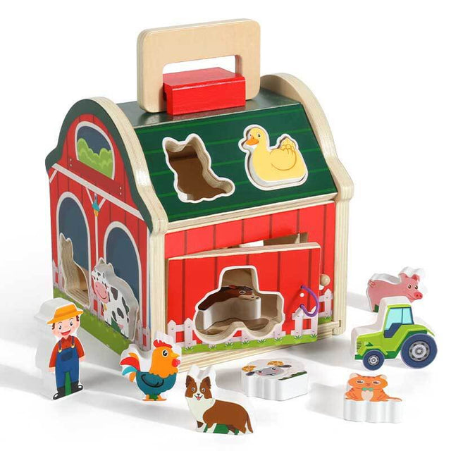 Wooden Take-Along Sorting Barn Toy with Flip-Up Roof and Handle, 10 Wooden Farm Play Pieces - Farm Toys, Shape Sorting And Stacking Learning Toys For Toddlers And Kids Ages 2+ | Shinymarch