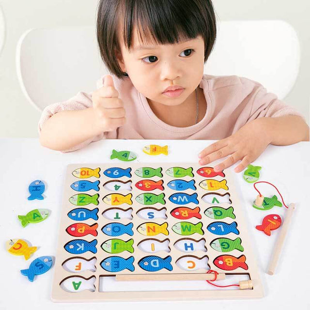Magnetic Wooden Fishing Game Toy for Toddlers, Alphabet Fish Catching Counting Games Puzzle with Numbers and Letters, Preschool Learning ABC and Math Educational Toys for 3 4 5 Years Old Girl Boy Kids | Shinymarch