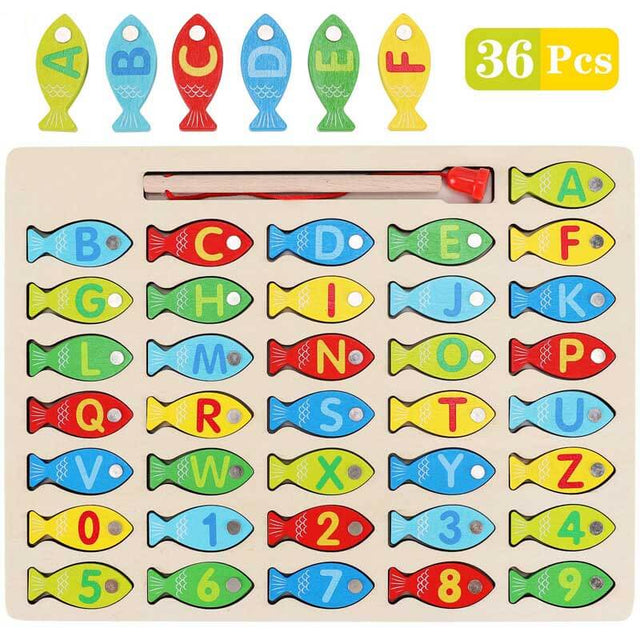 Magnetic Wooden Fishing Game Toy for Toddlers, Alphabet Fish Catching Counting Games Puzzle with Numbers and Letters, Preschool Learning ABC and Math Educational Toys for 3 4 5 Years Old Girl Boy Kids | Shinymarch