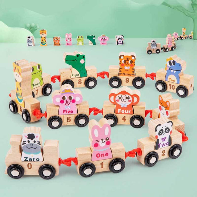 Wooden Animals Train Set with Numbers,11 Pieces Train Cars Includes Locomotive & Starage Bag, Count & Color Montessori Educational Toys for Toddlers Age 1 2 3 4 | Shinymarch