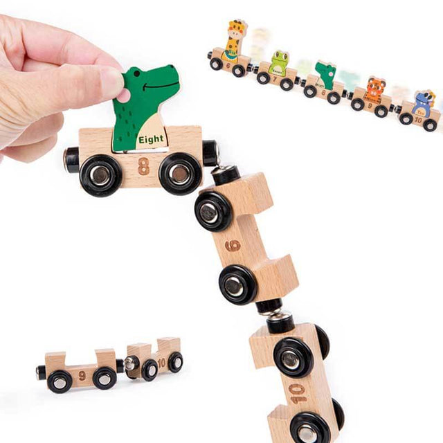 Wooden Animals Train Set with Numbers,11 Pieces Train Cars Includes Locomotive & Starage Bag, Count & Color Montessori Educational Toys for Toddlers Age 1 2 3 4 | Shinymarch