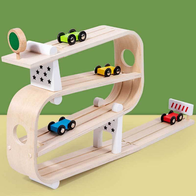 Car Ramp Toy for 1-3 Year Old Boy Gift, Car Race Track for Toddlers 1-3 with 4 Wooden Cars, Toddler Car Ramp Racer Montessori Toys | Shinymarch