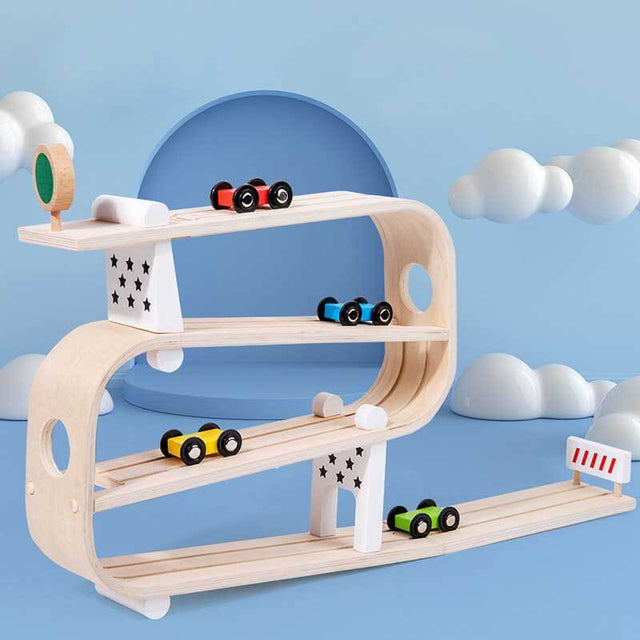 Car Ramp Toy for 1-3 Year Old Boy Gift, Car Race Track for Toddlers 1-3 with 4 Wooden Cars, Toddler Car Ramp Racer Montessori Toys | Shinymarch