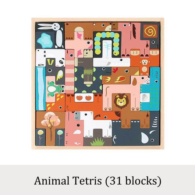 Wooden Animal Tetris, Multi-Play Stacked High Blocks Creative Puzzle Focus Toys for Boys and Girls Matching Game | Shinymarch